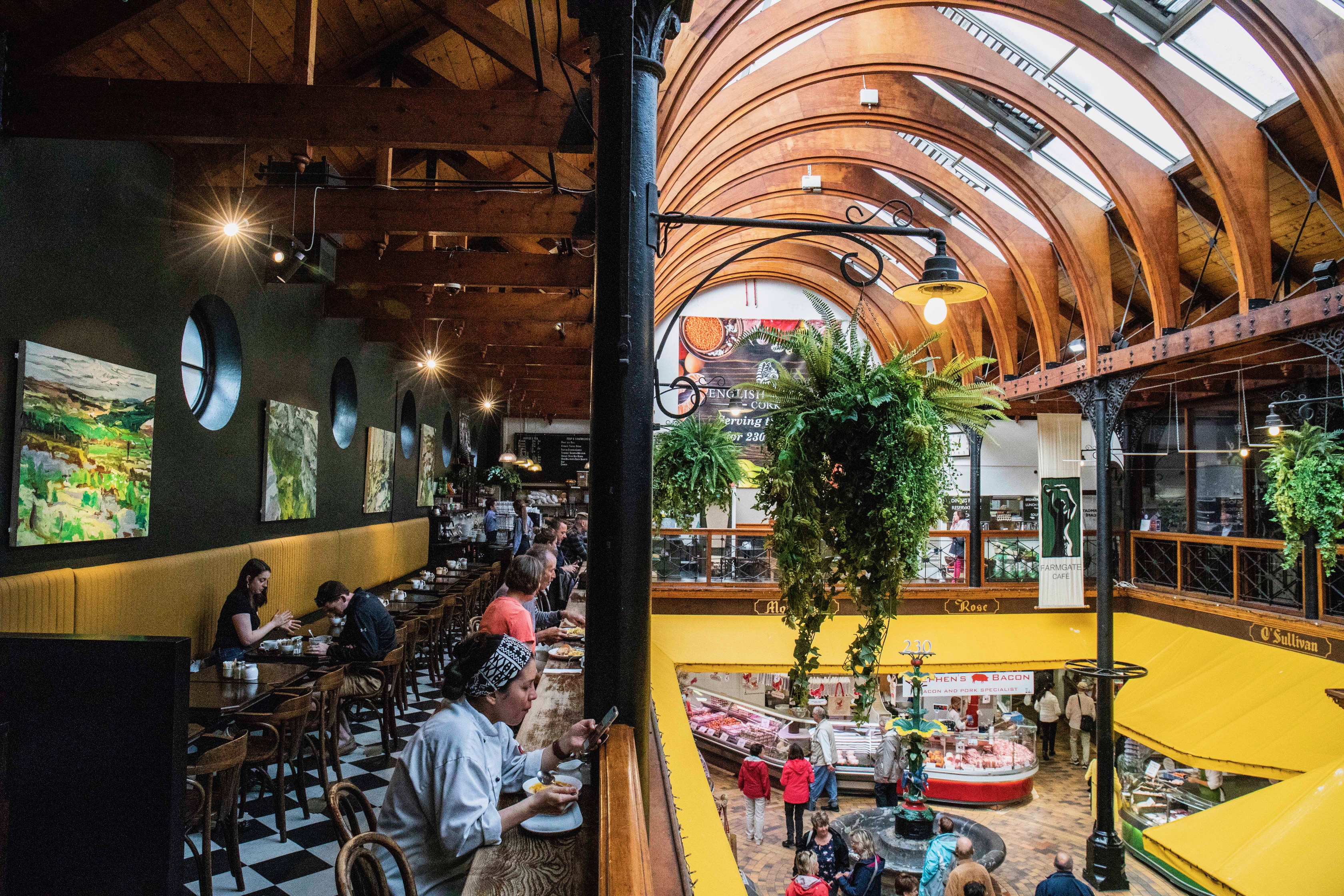 Farmgate Cafe dining area overlooking the stalls inside Cork's English Market